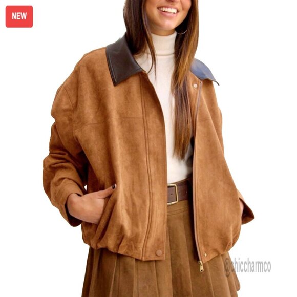 Jackets & Blazers - Oversized Faux Suede Bomber Jacket Cropped Lapel Motorcycle Zip Up